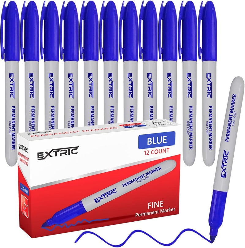 EXTRIC Permanent Markers Blue, 12 Count Fine Point Markers, Quick Drying, Works on wood, Paper, Plastic, Metal and Glass, for Home, Office and School - Image 1